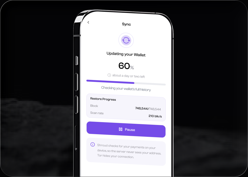 Phone running Shroud showing the Sync screen — wallet update 60% complete with restore progress and a note that the server never sees your addresses