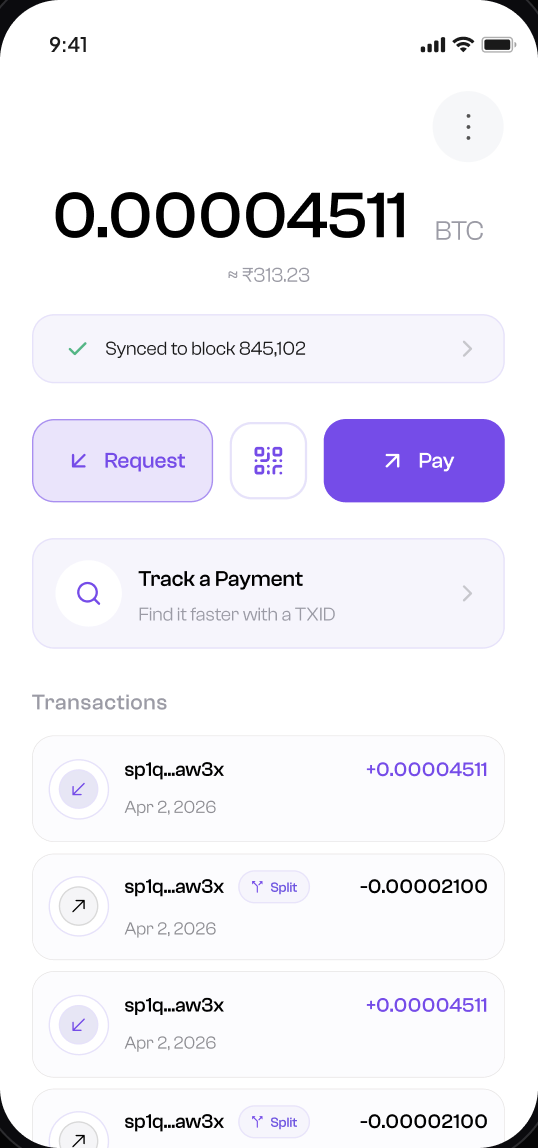 Shroud wallet home screen showing a 0.00004511 BTC balance, Request and Pay buttons, and a list of unlinkable silent-payment transactions